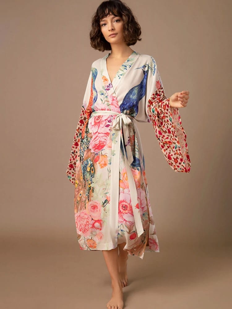 Kimono de Playa para Mujer, Salida de Baño con Estampado Pavo Real
